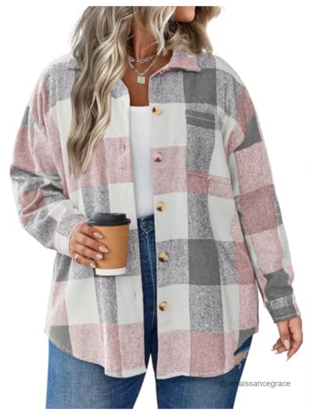 Women's Plus Size Plaid Shacket Long Sleeve Casual Jacket